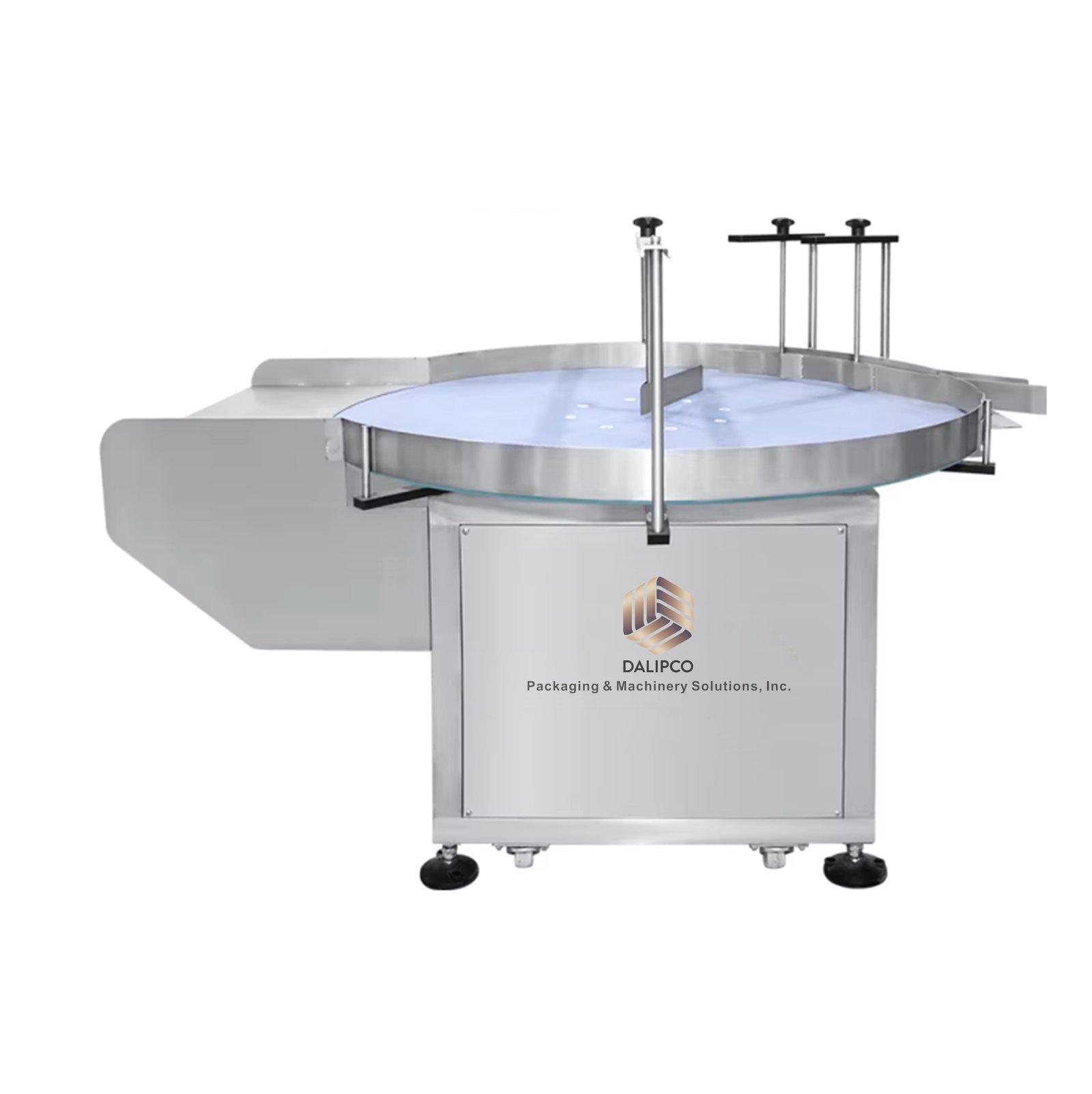 Sanitary stainless steel rotary bottle feeding and accumulation table